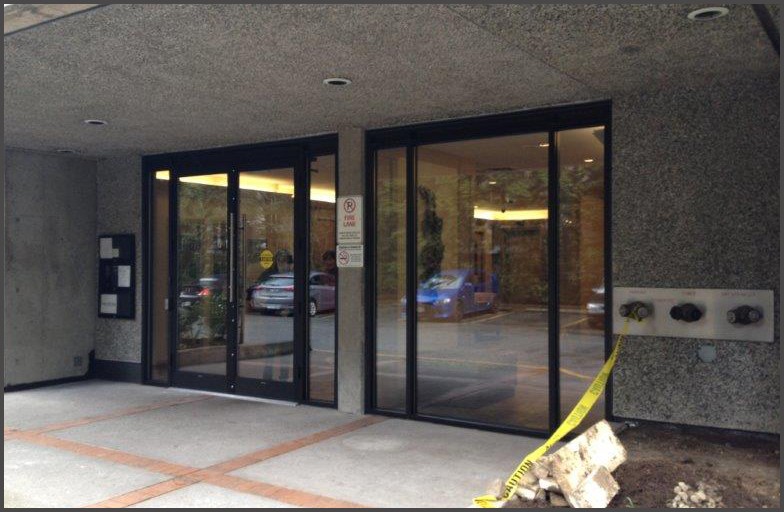 Apartment door, Glass doors and windows were designed to meet this Burnaby apartment condo's requirement. Aluminum door frames, safety clear glass, handles and electric strike to work with existing intercom system that the current building has.
