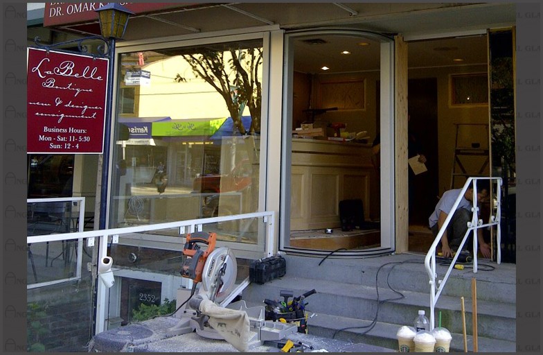Kerrisdale Dental Centre - new custom curved glass window was installed. Custom glass was bent and curved to fit window opening.