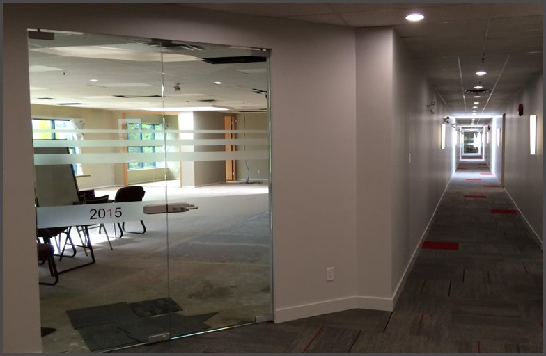 Glass door and glass window wall for multi offices in Surrey B.C. Angel Glass designed, installed many glass doors, handles, hinges and glass window walls in this office.