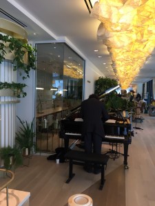 Botanist piano playing for their customers with Angel Glass installed, frameless windows, sliding glass doors, curved glass walls / curved windows, swinging glass doors in sight.