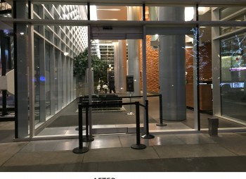 Shaw security desk area sliding glass door system for this Vancouver commercial office building