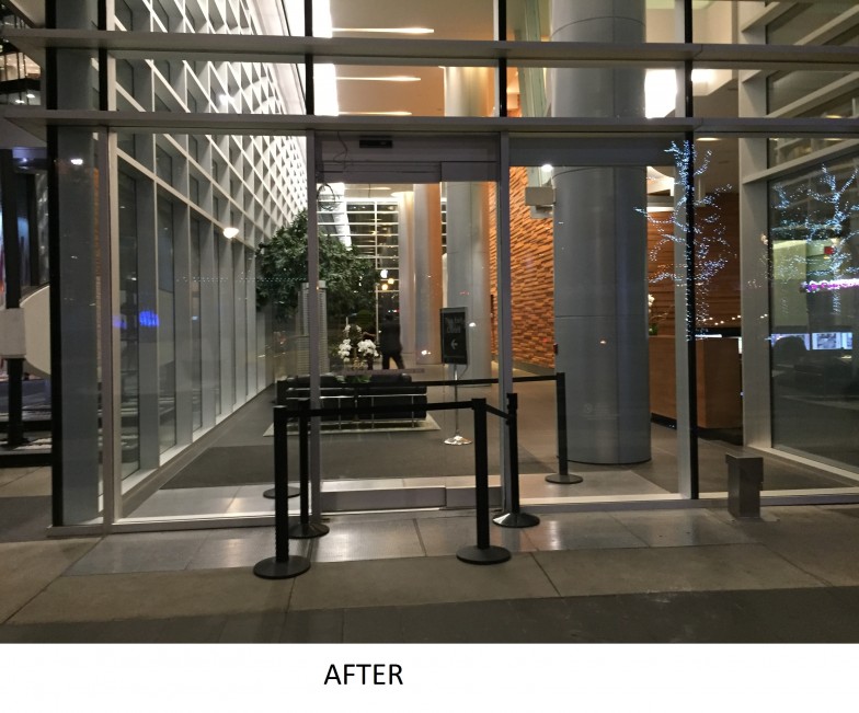 Shaw security desk area sliding glass door system for this Vancouver commercial office building